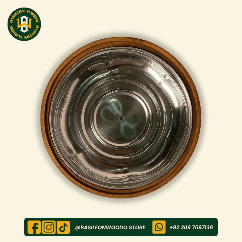 Brown Sheesham Wooden Hotpot with Steel Container & Brass Art