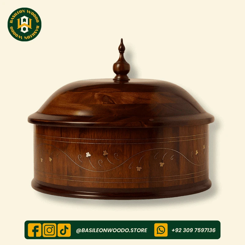 Brown Sheesham Wooden Hotpot with Steel Container & Brass Art