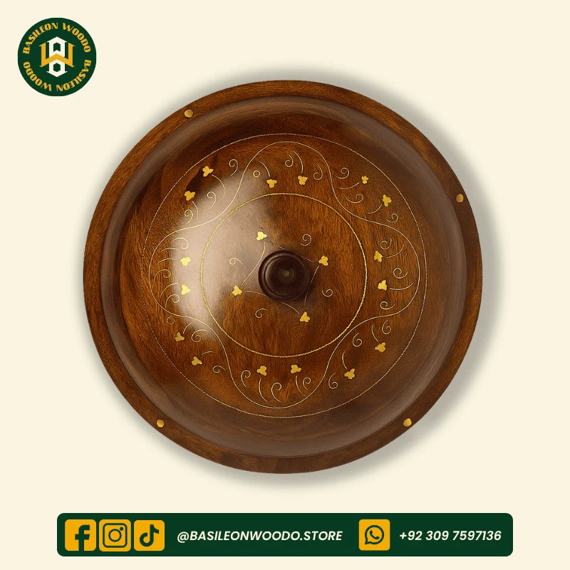 Brown Sheesham Wooden Hotpot with Steel Container & Brass Art