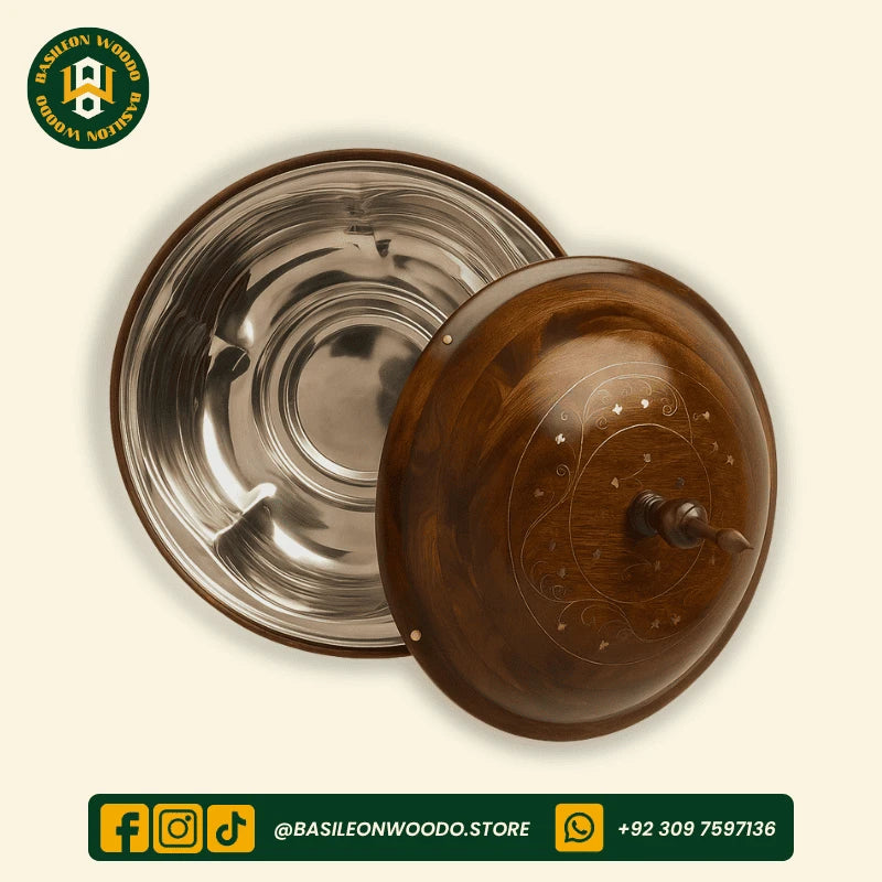 Brown Sheesham Wooden Hotpot with Steel Container & Brass Art