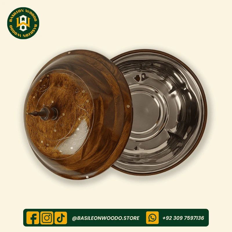 Brown Sheesham Wooden Hotpot with Steel Container & Brass Art