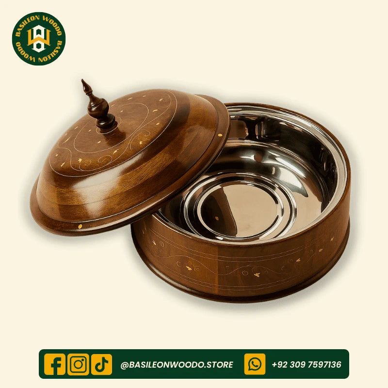 Brown Sheesham Wooden Hotpot with Steel Container & Brass Art