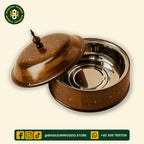 Brown Sheesham Wooden Hotpot with Steel Container & Brass Art