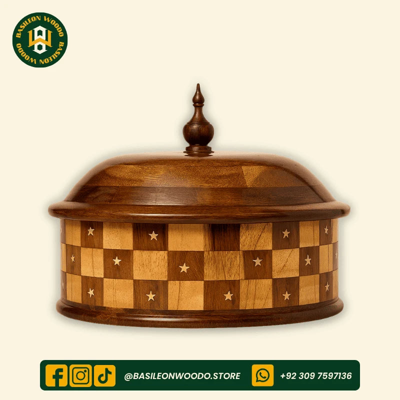 Yellow-Brown Chess Style Sheesham Wooden Hotpot with Steel Container & Brass Art