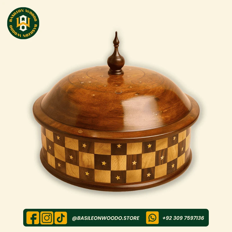 Yellow-Brown Chess Style Sheesham Wooden Hotpot with Steel Container & Brass Art