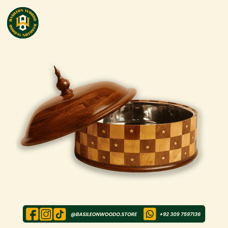 Yellow-Brown Chess Style Sheesham Wooden Hotpot with Steel Container & Brass Art