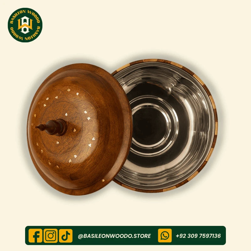 Yellow-Brown Chess Style Sheesham Wooden Hotpot with Steel Container & Brass Art