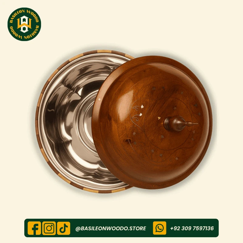 Yellow-Brown Chess Style Sheesham Wooden Hotpot with Steel Container & Brass Art