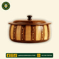 Yellow-Brown Curved Shape Sheesham Wooden Hotpot with Brass Art
