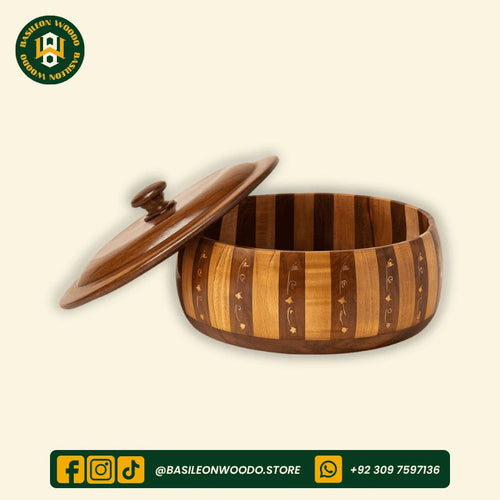 Yellow-Brown Curved Shape Sheesham Wooden Hotpot with Brass Art