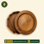 Yellow-Brown Curved Shape Sheesham Wooden Hotpot with Brass Art