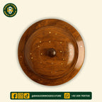 Yellow-Brown Curved Shape Sheesham Wooden Hotpot with Brass Art