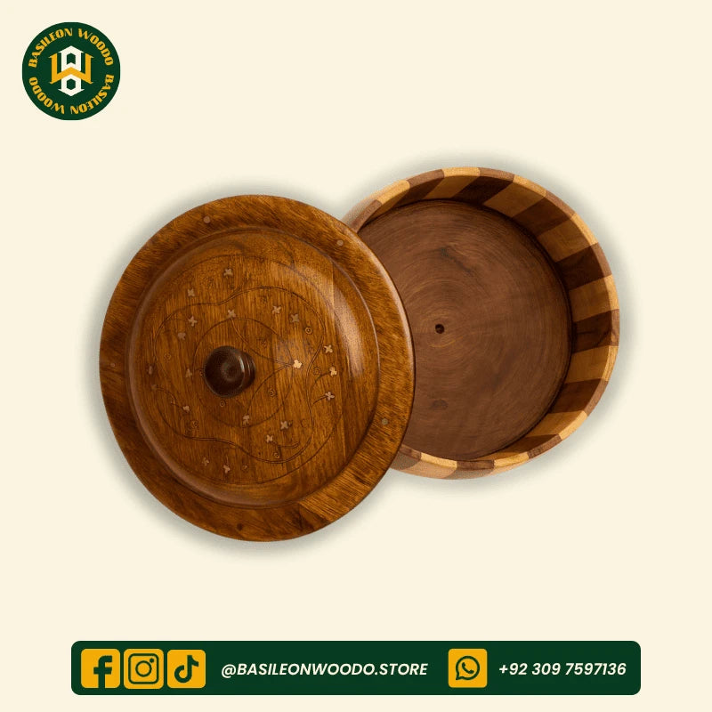 Yellow-Brown Curved Shape Sheesham Wooden Hotpot with Brass Art