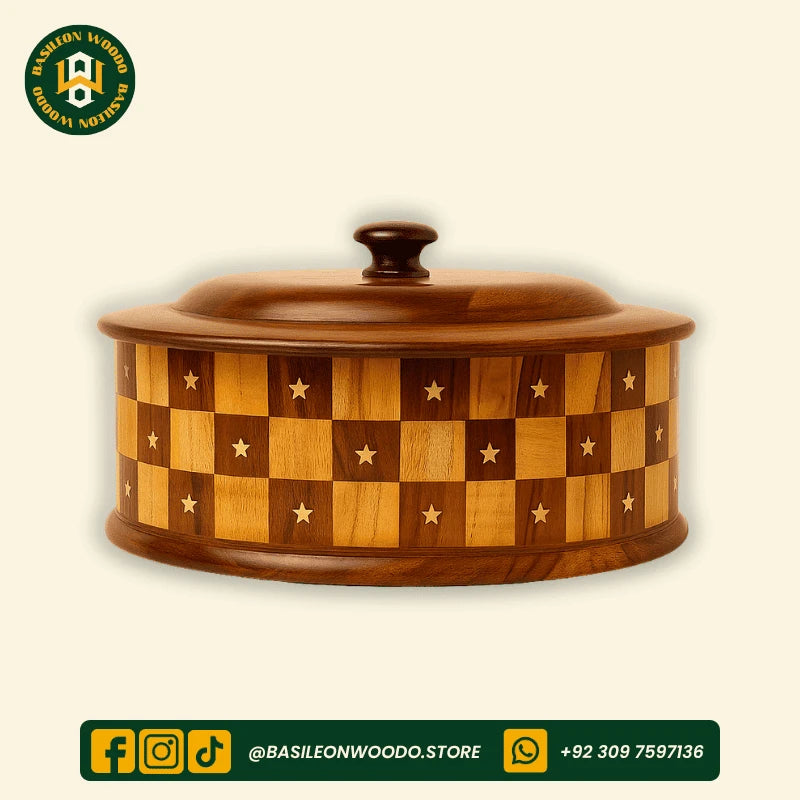 Yellow-Brown Sheesham Wooden Chess Pattern Hotpot with Brass Art