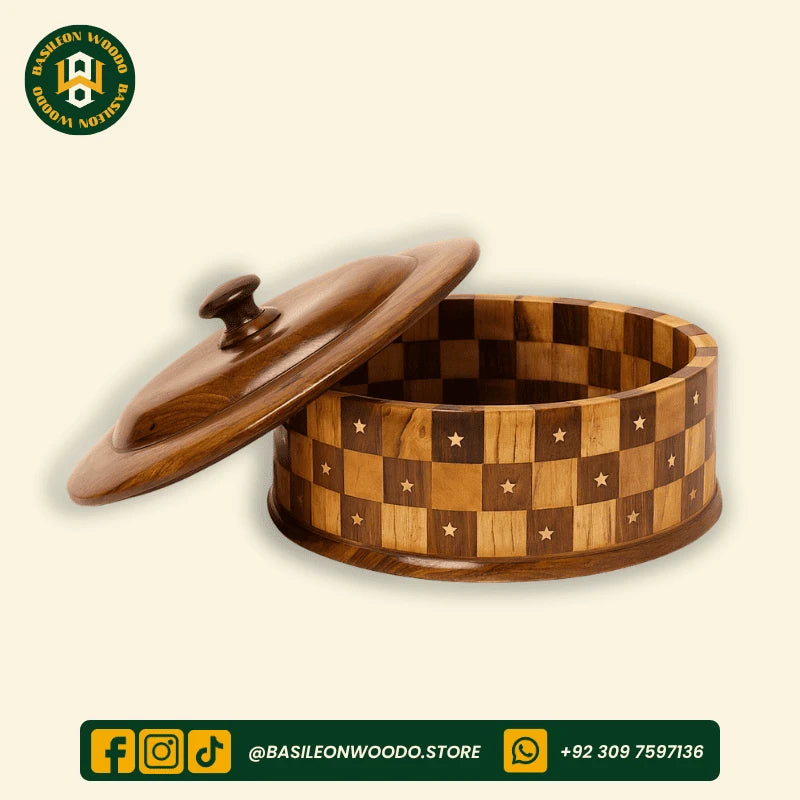 Yellow-Brown Sheesham Wooden Chess Pattern Hotpot with Brass Art