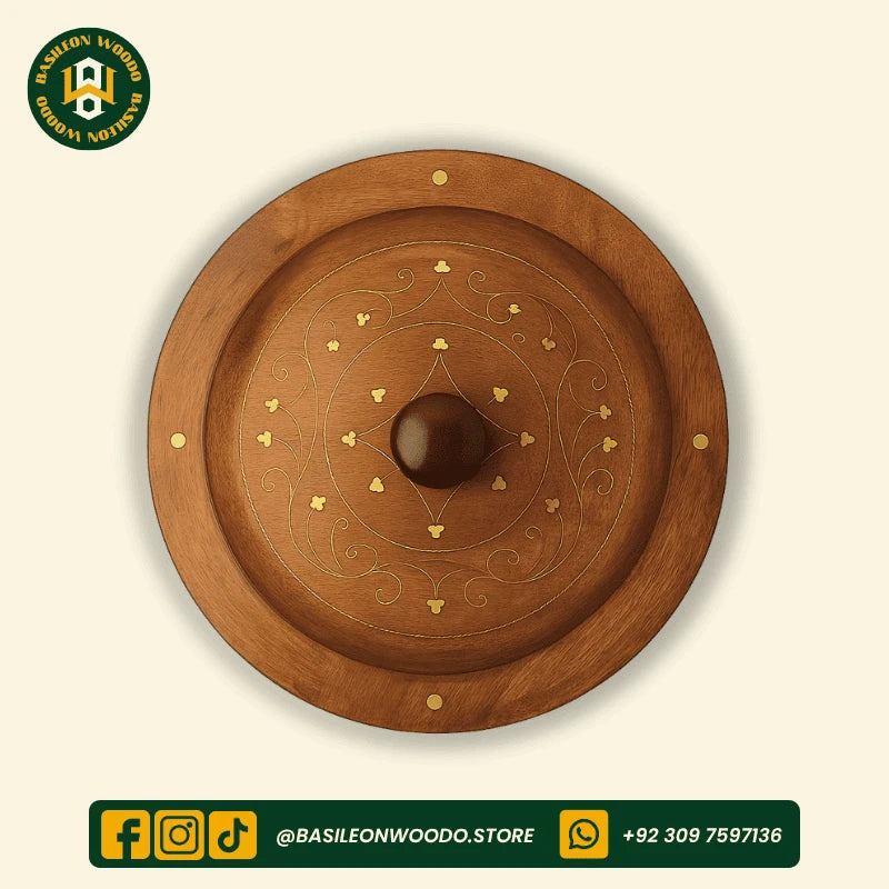 Yellow-Brown Sheesham Wooden Chess Pattern Hotpot with Brass Art