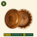 Yellow-Brown Sheesham Wooden Chess Pattern Hotpot with Brass Art