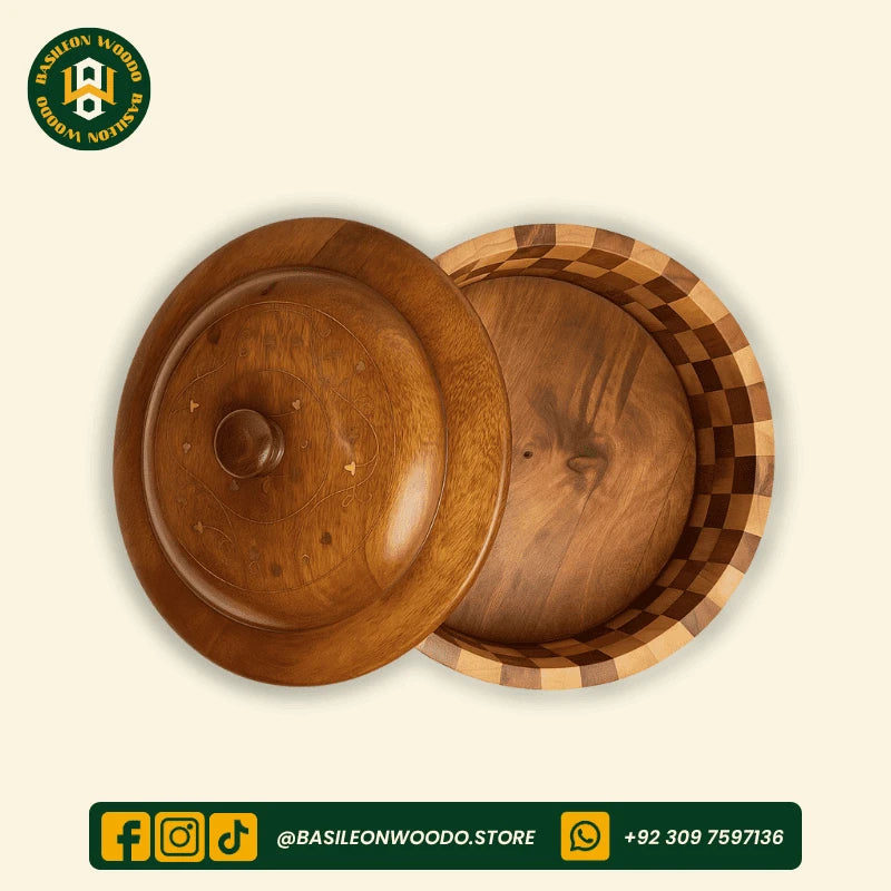 Yellow-Brown Sheesham Wooden Chess Pattern Hotpot with Brass Art